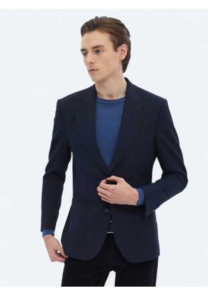 Lacivert Çizgili Comfort Fit Ceket