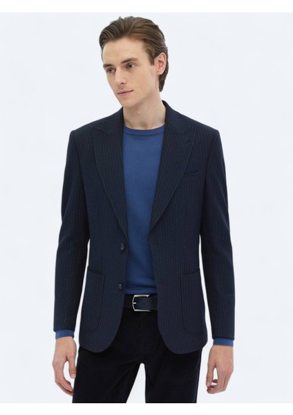 Lacivert Çizgili Comfort Fit Ceket