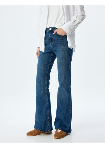Ispanyol Paça Normal Bel Skinny Fit Düğmeli Kot Pantolon - Flare Jean