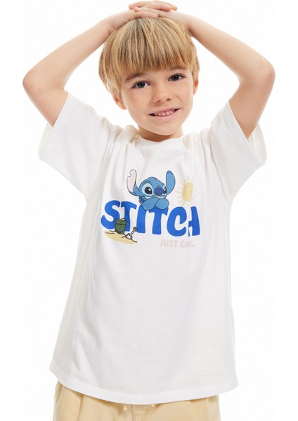 Kısa Kollu Pamuklu Bisiklet Yaka Baskılı Lisanslı Stitch Tişört