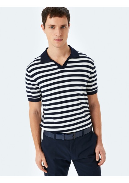 Viskon Çizgili Kısa Kollu Polo V Yaka Triko Tişört