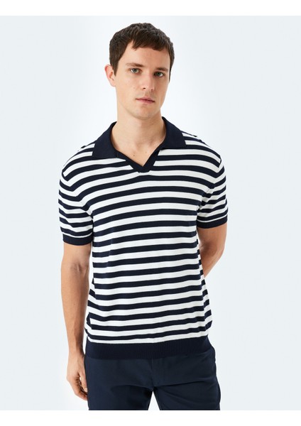 Viskon Çizgili Kısa Kollu Polo V Yaka Triko Tişört modelleri