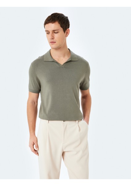 V Polo Yaka Viskon Kısa Kollu Triko Tişört