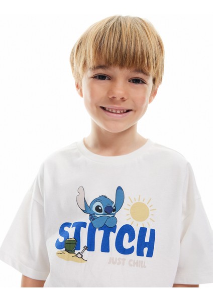 Kısa Kollu Pamuklu Bisiklet Yaka Baskılı Lisanslı Stitch Tişört fiyatları