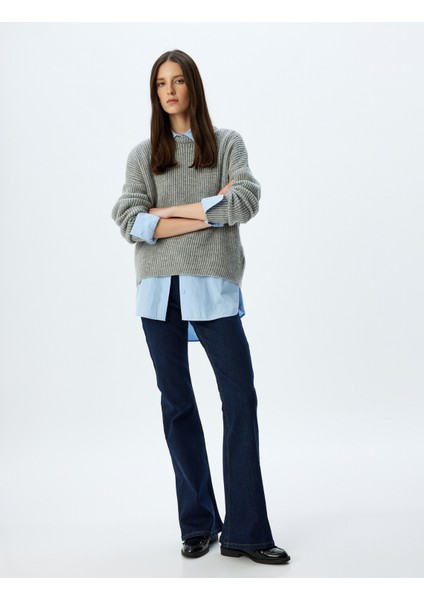 Ispanyol Paça Normal Bel Skinny Fit Düğmeli Kot Pantolon - Flare Jean