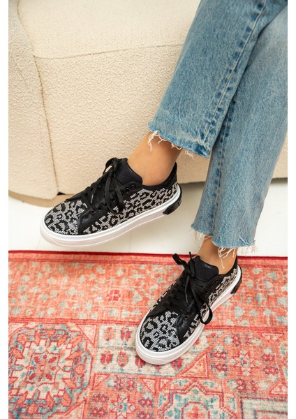 Comfy Siyah-Silver Leopar Desenli Kadın Spor Ayakkabı