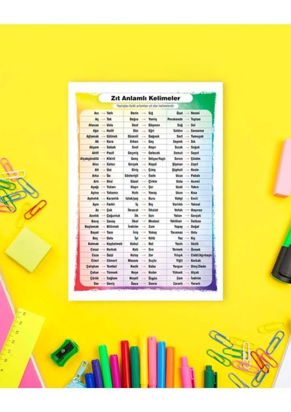 21X30 cm Zıt Anlamlı Kelimeler(Çok Kullanılan) Okul Eğitim Pvc Kaplamalı