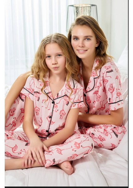 Kız Çocuk Maskülen Önden Düğmeli Gömlek Yakalı Pamuk Saten Dokuma Kısa Kol Pijama Takımı