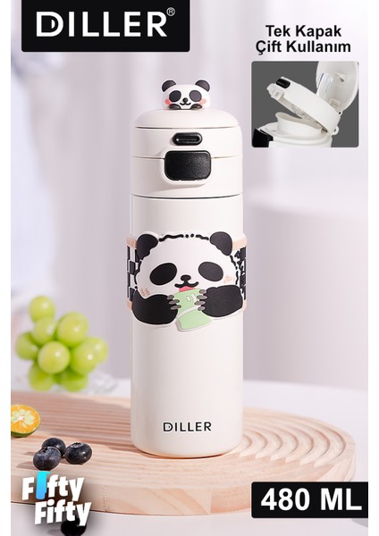 Dıller 480 ml Tek Kapak Çift Kullanım Pipetli/pipetsiz Taşıma Kulplu Vacum Cup/çelik Termos -FFDILLERD9240