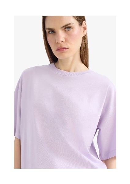 Oversize Geniş Kalıp Bisiklet Yaka Basic Düz Penye Kısa Kollu Tişört C0099AX25SP
