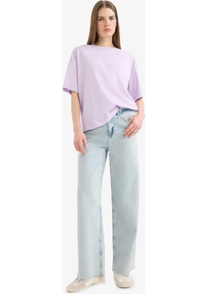 Oversize Geniş Kalıp Bisiklet Yaka Basic Düz Penye Kısa Kollu Tişört C0099AX25SP