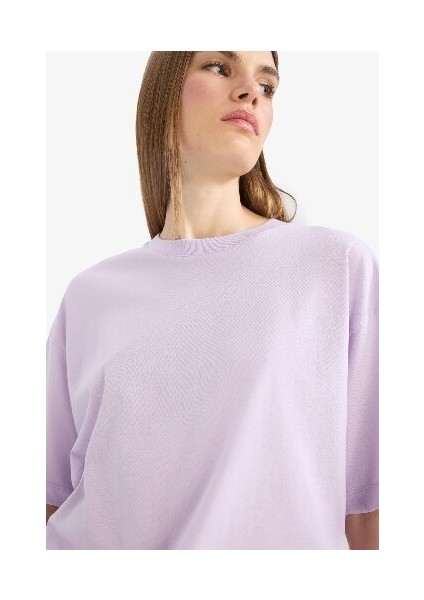 Oversize Geniş Kalıp Bisiklet Yaka Basic Düz Penye Kısa Kollu Tişört C0099AX25SP