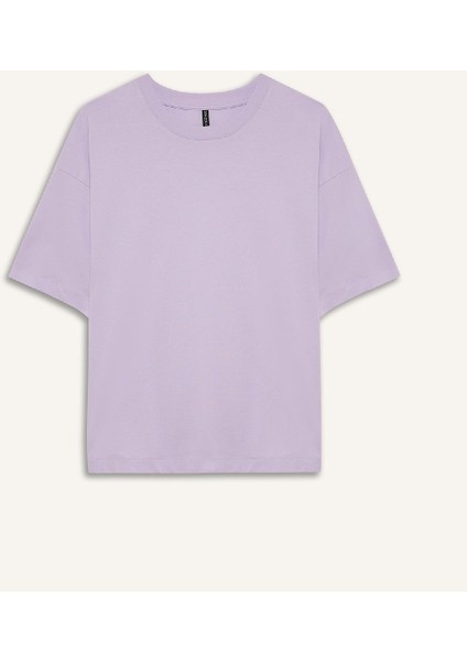 Oversize Geniş Kalıp Bisiklet Yaka Basic Düz Penye Kısa Kollu Tişört C0099AX25SP