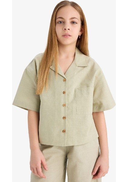 Kız Çocuk Cropped Fit Keten Kısa Kollu Gömlek D7638A825SM