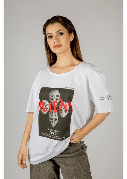 Woxxo Aliens Baskılı Unisex Oversize T-Shirt -Beyaz Lycralı Modal/pamuk