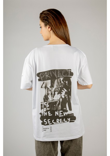Woxxo Privacy Baskılı Unisex Oversize T-Shirt -Beyaz Lycralı Modal/pamuk