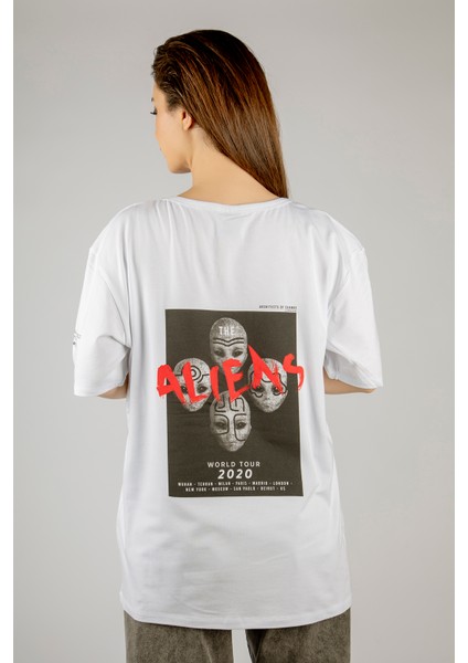Woxxo Aliens Baskılı Unisex Oversize T-Shirt -Beyaz Lycralı Modal/pamuk
