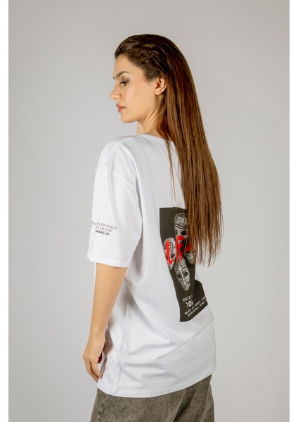 Woxxo Aliens Baskılı Unisex Oversize T-Shirt -Beyaz Lycralı Modal/pamuk fiyatları