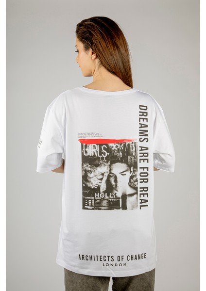 Woxxo Dreams Are For Real Baskılı Unisex Oversize T-Shirt -Beyaz Lycralı Modal/pamuk