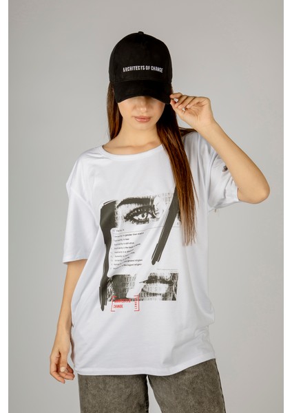 Woxxo Humanity Baskılı Unisex Oversize T-Shirt -Beyaz Lycralı Modal/pamuk