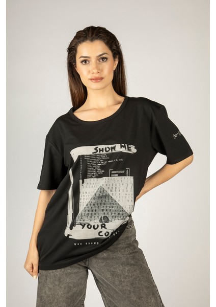 Woxxo Show Me Your Code Baskılı Unisex Oversize T-Shirt -Siyah Lycralı Modal/pamuk