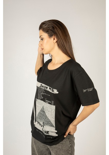 Woxxo Show Me Your Code Baskılı Unisex Oversize T-Shirt -Siyah Lycralı Modal/pamuk