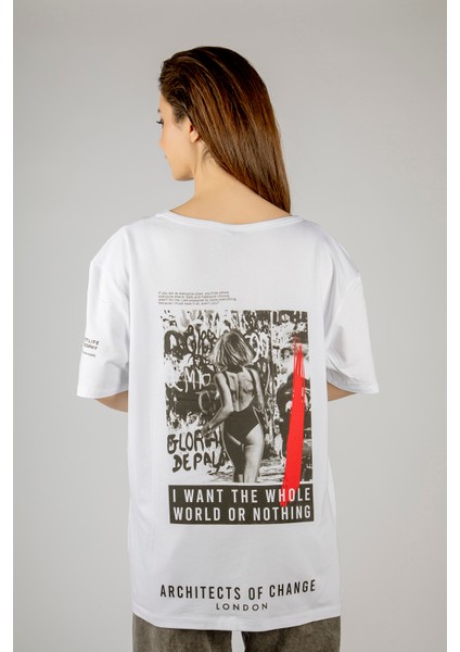 Woxxo I Want The Whole World On Nothing Baskılı Unisex Oversize T-Shirt -Beyaz Lycralı Modal/pamuk