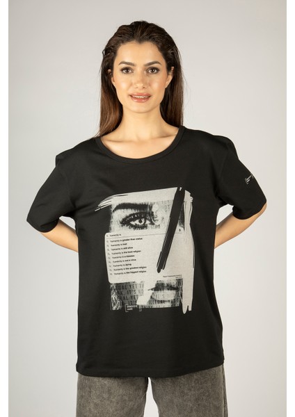 Woxxo Humanity Baskılı Unisex Oversize T-Shirt -Siyah Lycralı Modal/pamuk