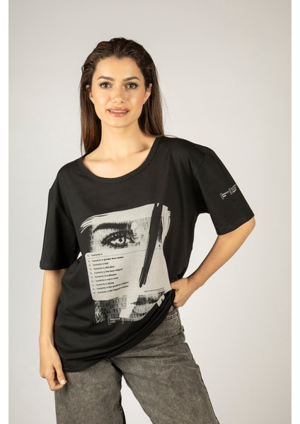 Woxxo Humanity Baskılı Unisex Oversize T-Shirt -Siyah Lycralı Modal/pamuk