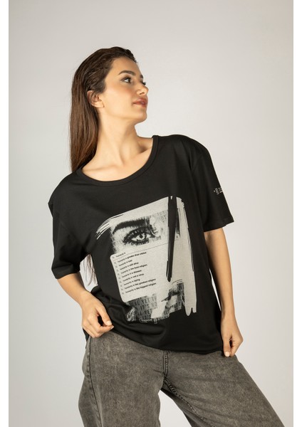 Woxxo Humanity Baskılı Unisex Oversize T-Shirt -Siyah Lycralı Modal/pamuk