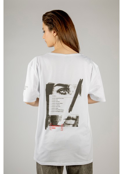 Woxxo Humanity Baskılı Unisex Oversize T-Shirt -Beyaz Lycralı Modal/pamuk