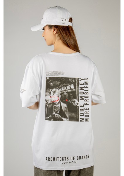 Woxxo More Money More Problems Baskılı Unisex Oversize T-Shirt -Beyaz Lycralı Modal/pamuk