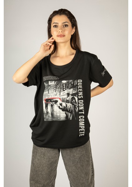 Woxxo Queens D'ont Compete Unisex Oversize T-Shirt -Siyah Lycralı Modal/pamuk