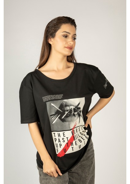 Woxxo The Worst Past Builds Up The Best Future Baskılı Unisex Oversize T-Shirt -Siyah Lycralı Modal/pamuk