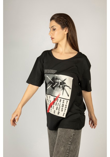 Woxxo The Worst Past Builds Up The Best Future Baskılı Unisex Oversize T-Shirt -Siyah Lycralı Modal/pamuk