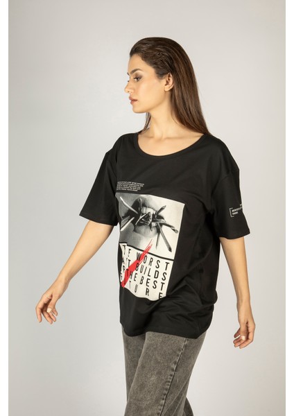 Woxxo The Worst Past Builds Up The Best Future Baskılı Unisex Oversize T-Shirt -Siyah Lycralı Modal/pamuk