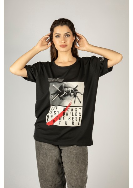 Woxxo The Worst Past Builds Up The Best Future Baskılı Unisex Oversize T-Shirt -Siyah Lycralı Modal/pamuk
