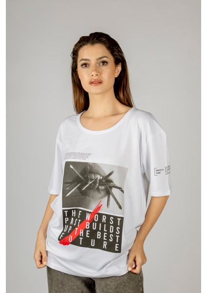 Woxxo The Worst Past Builds Up The Best Future Baskılı Unisex Oversize T-Shirt -Beyaz Lycralı Modal/pamuk