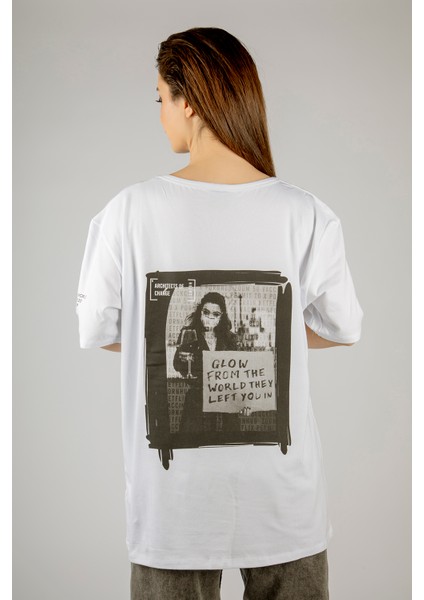 Woxxo Glow From The World They Left You In Baskılı Unisex Oversize T-Shirt -Beyaz Lycralı Modal/pamuk