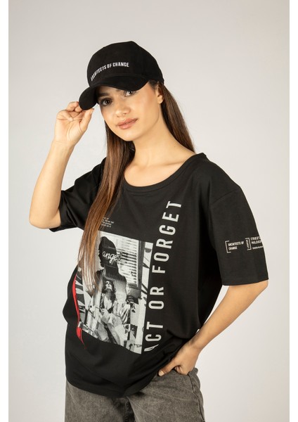 Woxxo Act Or Forget Baskılı Unisex Oversize T-Shirt -Siyah Lycralı Modal/pamuk