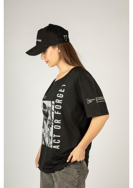 Woxxo Act Or Forget Baskılı Unisex Oversize T-Shirt -Siyah Lycralı Modal/pamuk modelleri