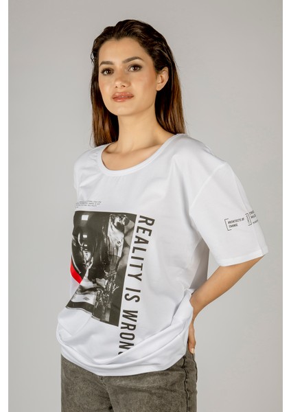 Woxxo Reality Is Wrong Baskılı Unisex Oversize T-Shirt -Beyaz Lycralı Modal/pamuk