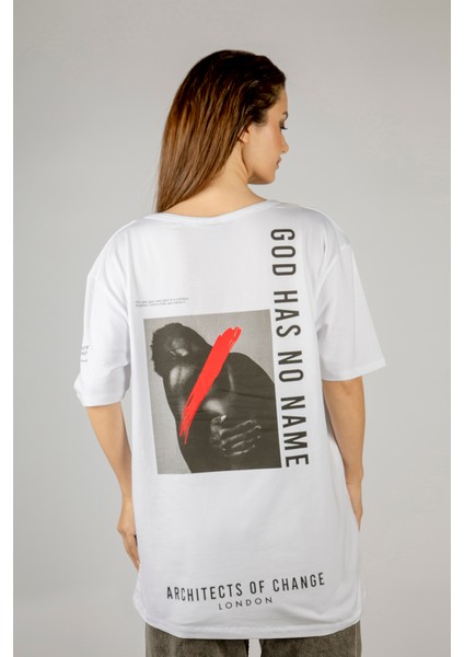 Woxxo God Has No Name Baskılı Unisex Oversize T-Shirt -Beyaz Lycralı Modal/pamuk