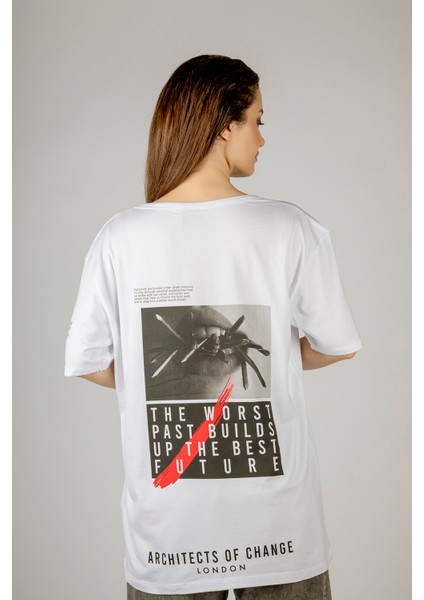 Woxxo The Worst Past Builds Up The Best Future Baskılı Unisex Oversize T-Shirt -Beyaz Lycralı Modal/pamuk