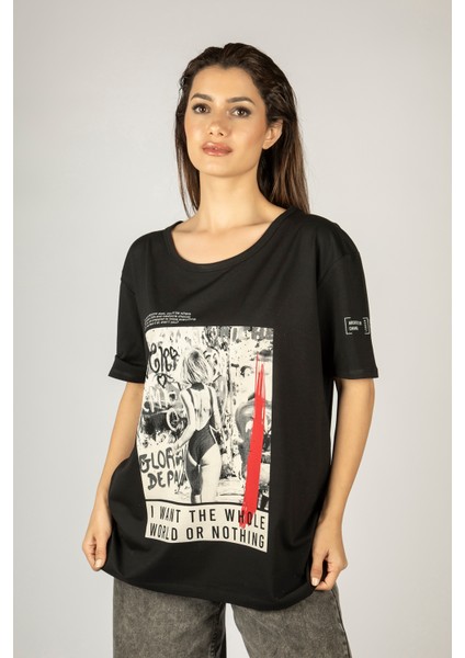 Woxxo I Want The Whole World On Nothing Baskılı Unisex Oversize T-Shirt -Siyah Lycralı Modal/pamuk