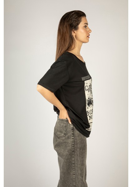 Woxxo I Want The Whole World On Nothing Baskılı Unisex Oversize T-Shirt -Siyah Lycralı Modal/pamuk