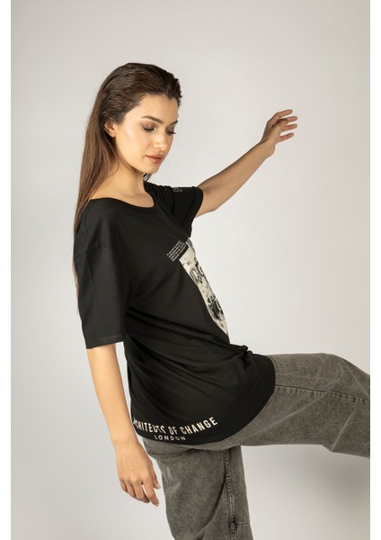 Woxxo I Want The Whole World On Nothing Baskılı Unisex Oversize T-Shirt -Siyah Lycralı Modal/pamuk