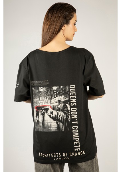 Woxxo Queens D'ont Compete Unisex Oversize T-Shirt -Siyah Lycralı Modal/pamuk