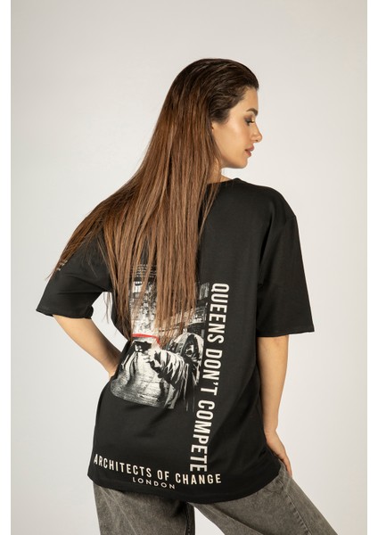 Woxxo Queens D'ont Compete Unisex Oversize T-Shirt -Siyah Lycralı Modal/pamuk