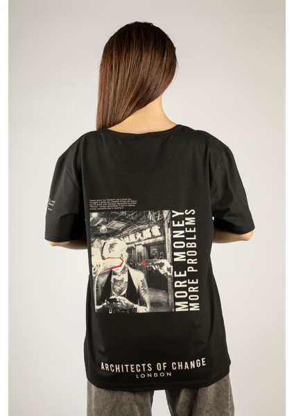 Woxxo More Money More Problems Baskılı Unisex Oversize T-Shirt -Siyah Lycralı Modal/pamuk
